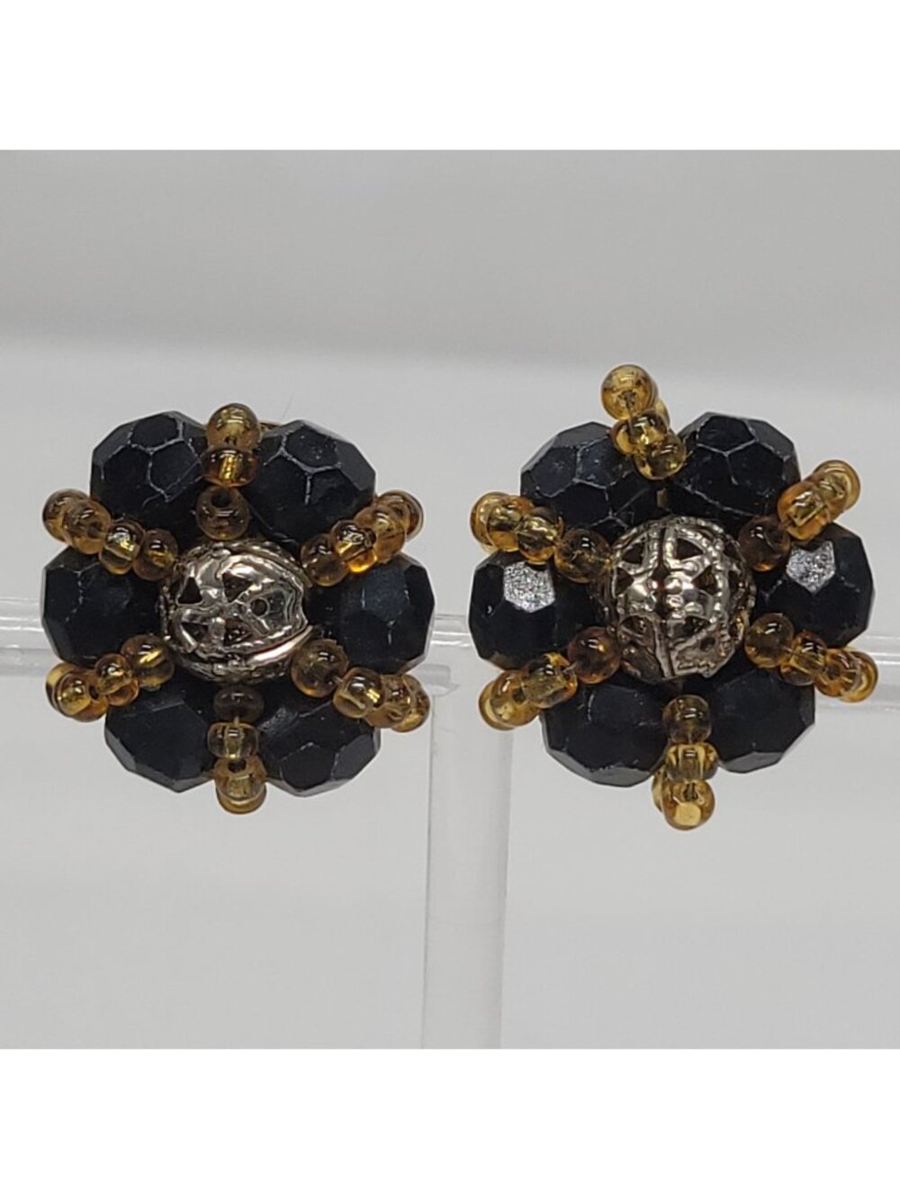 Vintage Black & Amber Beaded Clip-On Earrings Gold-Tone Backing Retro Jewelry - Picture 1 of 9